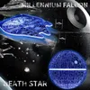 A collage of Star Wars imagery, featuring the Millennium Falcon and the Death Star, set against a starry space background. Produktbild-Vorschau