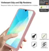 A hand holding a pink phone case with a phone inside, surrounded by marketing icons and text. Produktbild-Vorschau