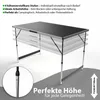 A foldable table with adjustable height settings is shown, with text highlighting its features and benefits. Produktbild-Vorschau