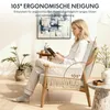 A woman is sitting in a chair reading a book, with text overlays indicating ergonomic features. Podgląd zdjęcia produktu