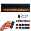 A collage of images showing an electric fireplace, its accessories, a smartphone with the Tuya app, a remote control, and various color options for the fireplace's flame effect. Produktbild-Vorschau