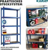 A collage of images showing a blue metal shelving unit, its use for storage, and its potential as a workbench. It also includes marketing labels and certifications. Produktbild-Vorschau