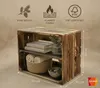 A wooden crate shelf unit with items on display, featuring product information and dimensions. Náhled obrázku produktu