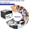 Collage showing ink cartridges and people using printers in various settings. Produktbild-Vorschau