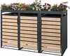 A three-unit trash bin enclosure with a planter on top, set against a white background. Produktbild-Vorschau