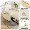 A beige sofa bed is shown with various features highlighted by text overlays and inset images. Produktbild-Vorschau