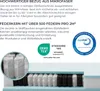 Close-up view of mattress springs and fabric, with marketing text and certifications. Produktbild-Vorschau