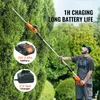 A man is using a telescopic hedge trimmer to trim a large green bush. There are also images of a battery and charger. Náhled obrázku produktu
