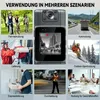 A collage of images showing different scenarios where a body camera can be used, including cycling, delivery, driving, skiing, traffic enforcement, and business meetings. The central image shows the body camera itself. Produktbild-Vorschau