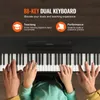 Hands playing a digital piano with text overlays describing features. Produktbild-Vorschau