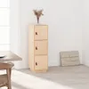 A tall, narrow wooden cabinet with three doors, each with a small brown leather handle, is shown in a room with light-colored walls and floor. A vase with dried flowers sits on top of the cabinet. A framed abstract artwork is leaning against the wall to th Voir les images du produit