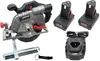 A cordless circular saw kit with batteries and a charger, laid out on a white background. Produktbild-Vorschau