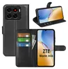A collage of images showing a black flip wallet case for a ZTE Blade A56 phone, with cards and cash inserted. Produktbild-Vorschau