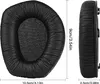 A black headphone earpad is shown from the front and side, with dimensions indicated by measurement lines and text. Produktbild-Vorschau