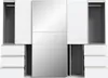 A front view of a large, modern white wardrobe with mirrored doors and open compartments showing drawers and hanging space. Produktbild-Vorschau