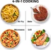 A collage of four images showcasing different cooking methods: air frying french fries, baking a cake, microwaving a pizza, and grilling salmon with vegetables. The title '4-IN-1 COOKING' is displayed at the top. Voir les images du produit