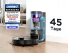 A robot vacuum cleaner and its charging station are shown on a wooden floor, with marketing text and graphics. Produktbild-Vorschau