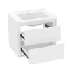 A white bathroom vanity with a sink and two drawers, shown from a three-quarter angle. Produktbild-Vorschau