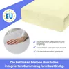 A close-up of a cream-colored fitted sheet with a hand touching it, accompanied by marketing text and a "Made in EU" logo. Produktbild-Vorschau