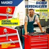 A man in a workshop is presenting a red tool chest with drawers. Produktbild-Vorschau