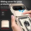 A hand is holding a gold smartphone case with a sliding camera cover and a ring holder. The case is designed for a Google Pixel 9 Pro. Produktbild-Vorschau