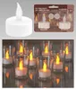A collage of LED tealights, with a product shot and packaging at the top, and several tealights in glass holders at the bottom. Produktbild-Vorschau