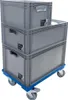 A stack of three gray plastic storage boxes on a blue dolly with wheels. Produktbild-Vorschau