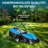 A blue electric lawnmower is shown on a green lawn with trees in the background. Náhled obrázku produktu