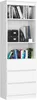 A white bookshelf with books and storage boxes on shelves. Produktbild-Vorschau