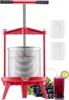A red fruit press with a silver basket, accompanied by grapes, a glass of juice, and two white mesh bags. Voir les images du produit