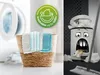 A split image showing a laundry basket with cleaning cloths on the left and a cartoon trash can overflowing with trash and money on the right. Produktbild-Vorschau