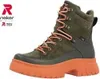 A Rieker women's lace-up boot with an orange sole is shown against a white background. The Rieker logo and R-TEX text are visible in the upper left corner. Produktbild-Vorschau