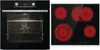 A split image showing a black oven on the left and a black electric hob with red heating elements on the right. Produktbild-Vorschau