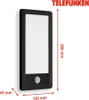 A black rectangular LED outdoor light with a motion sensor, shown against a white background with dimensions indicated. Produktbild-Vorschau