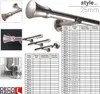 A collage of product images and a size chart for curtain rods. Produktbild-Vorschau