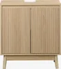 A front view of a wooden washbasin cabinet with fluted doors and angled legs. Produktbild-Vorschau