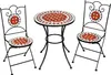 A black metal and mosaic tile bistro set for two people, consisting of a round table and two chairs, is displayed against a white background.