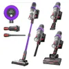 A collage of a purple cordless vacuum cleaner and its attachments, shown from various angles.