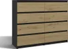 A chest of drawers with a wood-grain finish and black accents, shown against a white background. Produktbild-Vorschau
