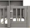 Close-up view of a gray wooden bed frame, showing hinges and latches. Produktbild-Vorschau