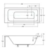 Technical drawing of a bathtub with dimensions and specifications. Produktbild-Vorschau