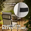 A chair cushion on a patio with text overlays highlighting features. Produktbild-Vorschau