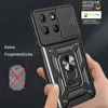 A hand holding a black smartphone case with a ring holder and camera cover. Produktbild-Vorschau
