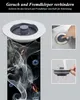 A marketing image showing a sink strainer with graphics illustrating its function to prevent odors and foreign objects. Produktbild-Vorschau
