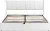 A white upholstered bed frame with a slatted mattress base is shown against a white background. Náhľad obrázku produktu