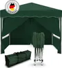 A green pop-up gazebo is shown, partially set up, with a folded frame and a carrying bag in the foreground. A circular logo indicating "Designed in Germany" is visible on the top left. Produktbild-Vorschau