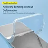 A clear phone case is shown bending to demonstrate its flexibility, with marketing text overlayed. Produktbild-Vorschau