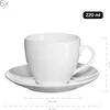 A white ceramic cup and saucer set is shown against a white background, with dimensions indicated. Produktbild-Vorschau