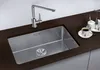 A stainless steel sink with a modern faucet on a dark brown countertop. Produktbild-Vorschau