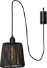 A black pendant light with a rattan-like shade and an exposed bulb, hanging from a black cord. Produktbild-Vorschau
